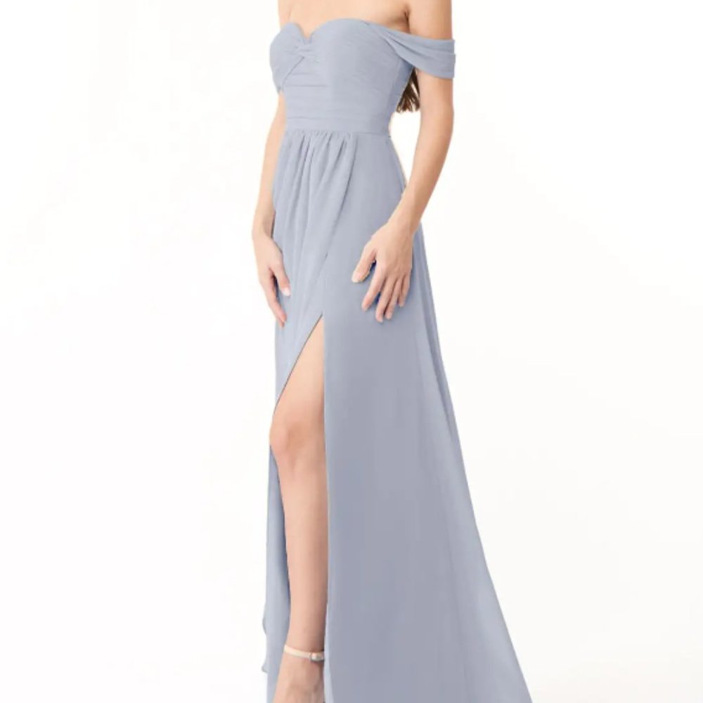 azazie prom dress, dusty lavender floor length layered leg slit dress, size 8